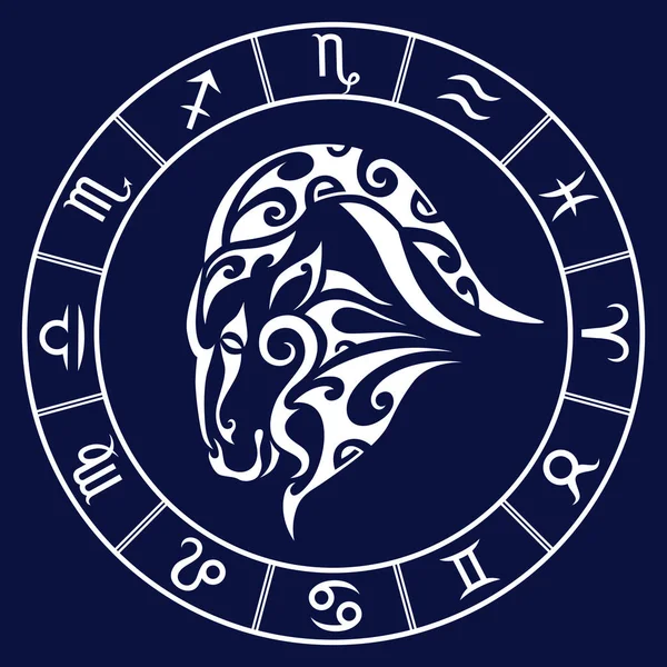Znak zodiaku koziorożec i okrąg gwiazdozbiorów w maoryskim stylu tatuażu. Biały na ciemnoniebieskim tle wektor ilustracja odizolowany. — Wektor stockowy