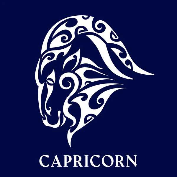 Capricorno. Tatuaggio maori stile tribale. Oroscopo. Segno zodiacale astrologico. Silhouette isolata su sfondo blu — Vettoriale Stock