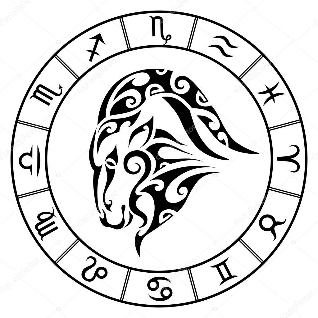 Zodiac sign capricorn and circle constellations in maori tattoo style. Black and white vector illustration isolated.
