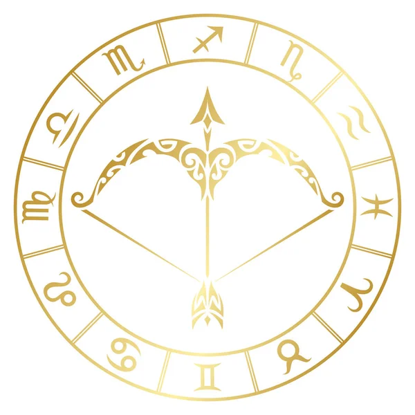 Zodiac znamení sagittarius a kruhové souhvězdí ve stylu maori tetování. Zlato na bílém pozadí vektorové ilustrace izolované. — Stockový vektor