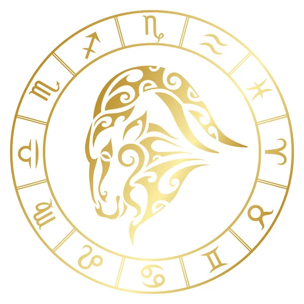 Zodiac σημάδι Αιγόκερω και αστερισμούς κύκλο σε στυλ τατουάζ Μαορί. Χρυσό σε λευκό φόντο διανυσματική απεικόνιση απομονωμένη. — Διανυσματικό Αρχείο