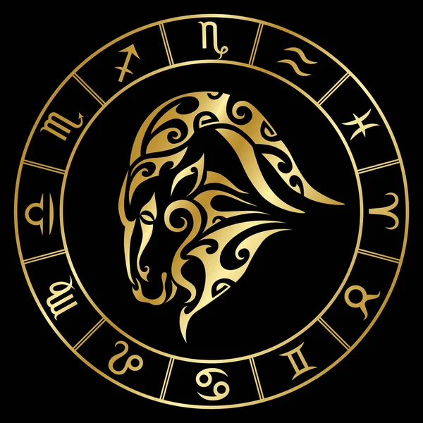 Segno zodiacale costellazioni di capricorno e cerchio in stile maori tatuaggio. Oro su sfondo nero vettoriale illustrazione isolato . — Vettoriale Stock