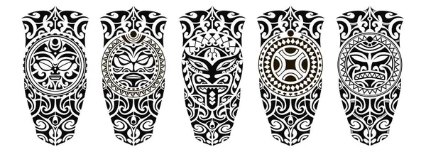 Set Tattoo Sketch Maori Style Leg Shoulder Sun Symbols Face — 图库矢量图片