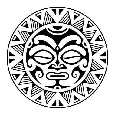 Güneş yüzlü yuvarlak dövme süsü. Afrika, Aztekler veya Maya etnik maskesi.