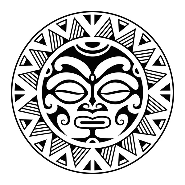 圆形纹身装饰与阳光面毛利族风格 非洲人 阿兹特克人或玛雅人的族裔面具 — 图库矢量图片