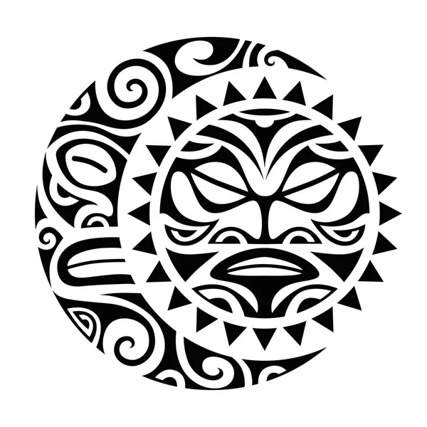 Dibujo Tatuaje Estilo Maorí Sol Luna Adorno Tribal Redondo — Vector de stock