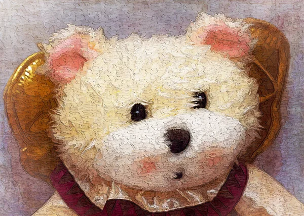 Sweet Fluffy White and Cream Teddy Bear with Black Eyes and Nose Digitally Painted