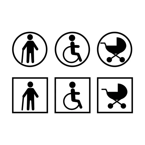 Behinderte, Kinderwagen, Krücken .set icons.sticker rund und quadratisch. — Stockvektor