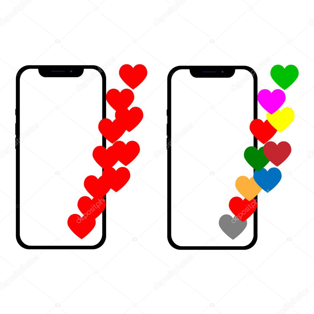 Vector illustration with a heart, emoji a message on the screen. Social network and mobile device concept. Graphic for websites, web banner.