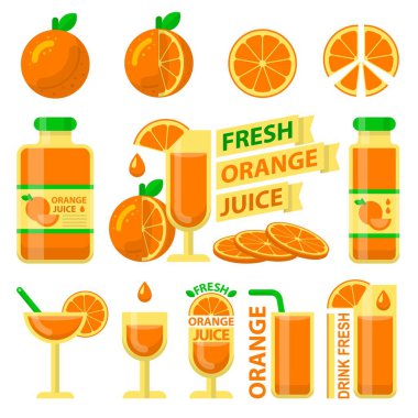 Turuncu fuit ve taze meyve suyu düz vektör öğeleri