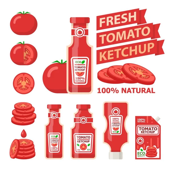 Elementi vettoriali piatti di pomodoro e ketchup fresco — Vettoriale Stock