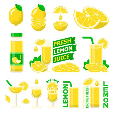 Limon fuit ve taze meyve suyu düz vektör öğeleri