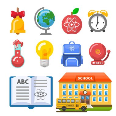 Yararlı okul binası, otobüs, kitap ve nesneleri