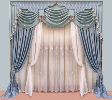 Decoration of the interior of the living room in the classical, palace style. Curtains of dense fabric with blue ornaments, lambrequin, pelmet, jabot, and tulle with embroidery clipart