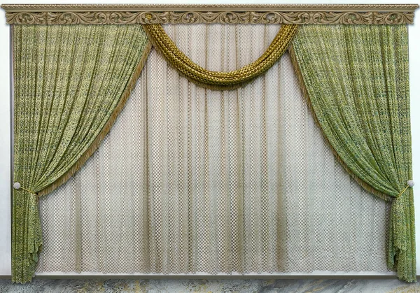 Modern Design Living Room Green Curtains Made Natural Fabric Translucent — Stock Photo, Image
