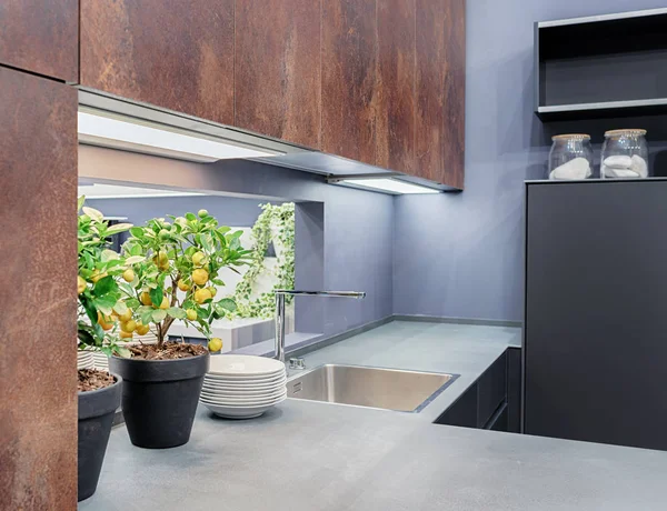 Interior Modern Kitchen Style Loft Shelves Imitation Rust Finish Tangerine — Stock Photo, Image
