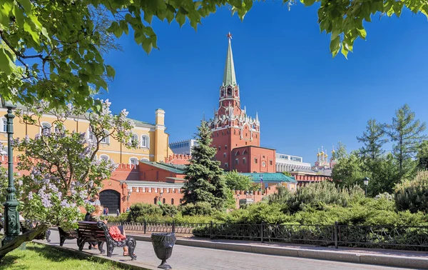 В Москве. 18 мая 2019 года. View of the Kremlin 's Trinity Tower from the Alexander Garden — стоковое фото