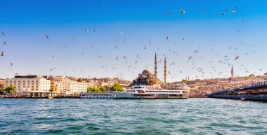 Türkiye. Istanbul. 07 Temmuz 2019. Haliç Körfezi. Galata köprüsü ve Valide Sultan Yeni Camii üzerinde bir martı sürüsü uçuyor