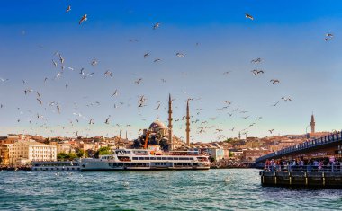 Türkiye. Istanbul. 07 Temmuz 2019. Haliç Körfezi. Birçok martı Galata köprüsü ve Valide Sultan Yeni Camii üzerinden uçar.