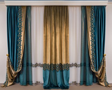 The green double-sided velvet curtains with embroidery and a luxurious gold brush clipart