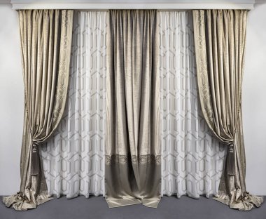 Straight velvet curtains and translucent tulle with embroideryin classic style clipart