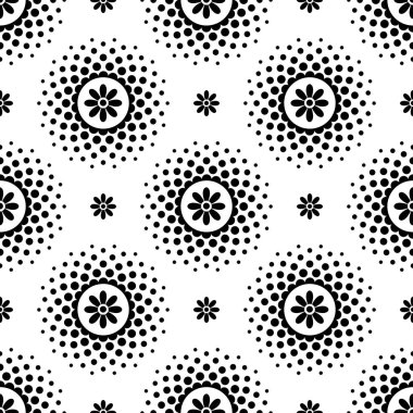 Siyah çiçekler ve noktalı resim daire kare beyaz arka plan üzerinde ile Seamless modeli