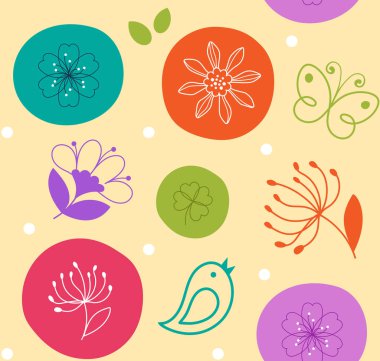 Renkli seamless modeli şirin çiçek, kuş ve kelebek halkaları