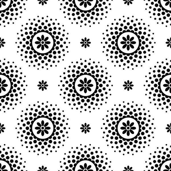 Siyah çiçekler ve noktalı resim daire kare beyaz arka plan üzerinde ile Seamless modeli