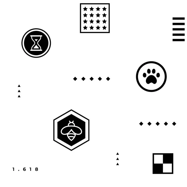 Basit şekiller - pençe, arı, yıldız, kareler, 1,618 altın oran, dama tahtası, beyaz arka plan üzerinde kum saati ile siyah soyut geometrik hipster kalıbı