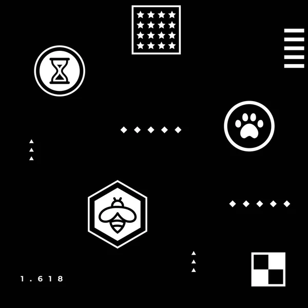 Basit şekiller - pençe, arı, yıldız, kareler, 1,618 altın oran, dama tahtası, siyah arka plan üzerine kum saati ile beyaz soyut geometrik hipster kalıbı