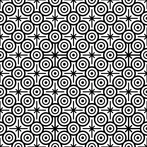 Siyah beyaz daireler ve sekiz sivri uçlu yıldız ile Seamless modeli