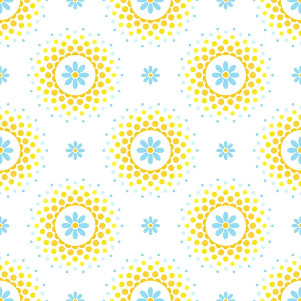 Modèle sans couture avec des fleurs bleues et orange et jaune demi-ton cadre cercle sur fond blanc Illustrations De Stock Libres De Droits