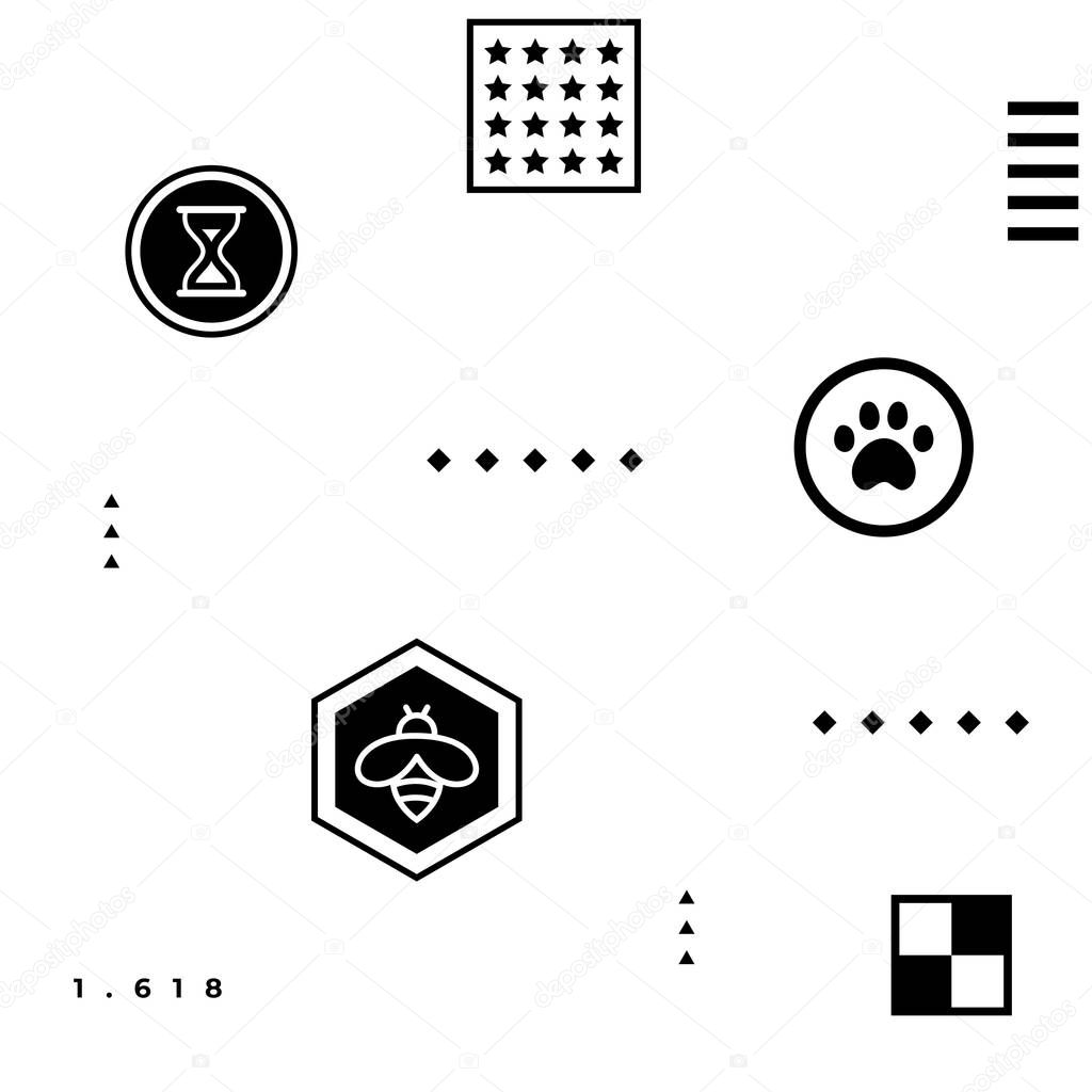 Black abstract geometric hipster pattern with simple shapes - paw, bee, stars, squares, 1,618 golden ratio, checkerboard, hourglass on white background