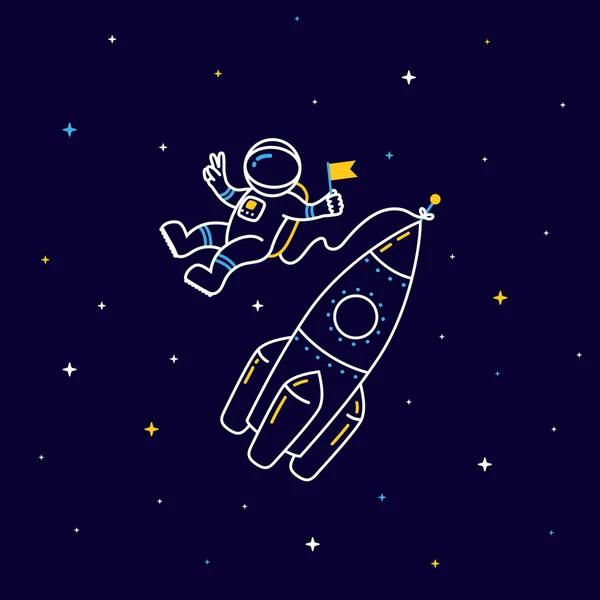 Lustiger Und Süßer Fliegender Astronaut All Mit Rakete Und Sternen — Stockvektor