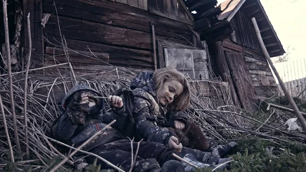 Portrait Little Sad Homeless Orphans Lying Dirt Bear Toy — Stock Photo, Image