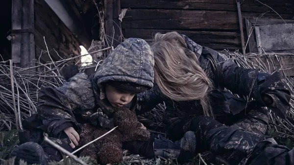 Portrait Little Dirty Homeless Orphans Crying Abandoned Building — Stock Photo, Image