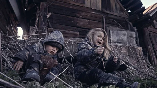 Portrait Little Dirty Homeless Orphans Crying Abandoned Building — Stock Photo, Image