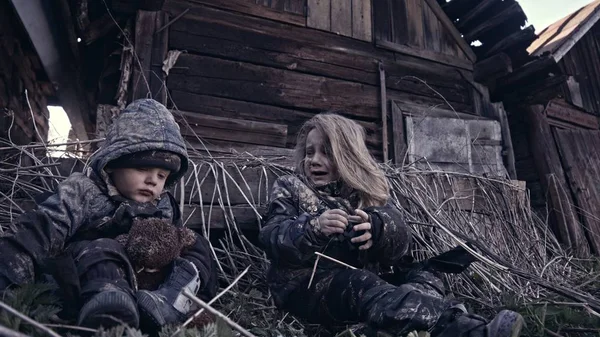 Portrait Little Dirty Homeless Orphans Crying Abandoned Building — Stock Photo, Image