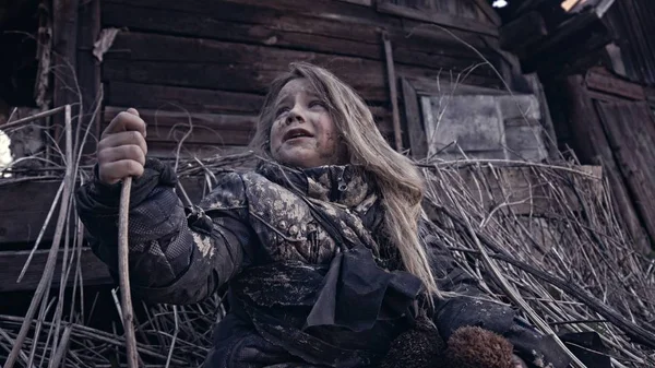 Portrait Dirty Little Homeless Girl Crying — Stock Photo, Image