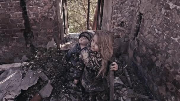 Little Dirty Homeless Siblings Frustrating Abandoned Building — Stock Video