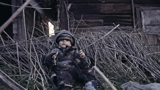 Little Dirty Homeless Boy Abandoned Building — Stock Video