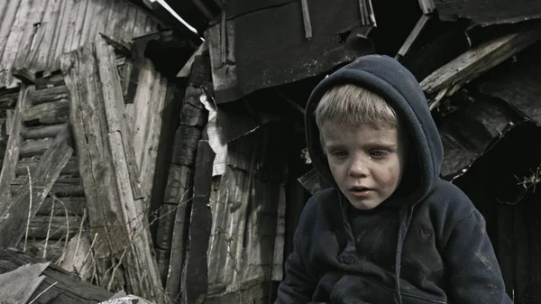 Portrait Homeless Orphan Boy Sitting Crying Abandoned Building — Stock Photo, Image