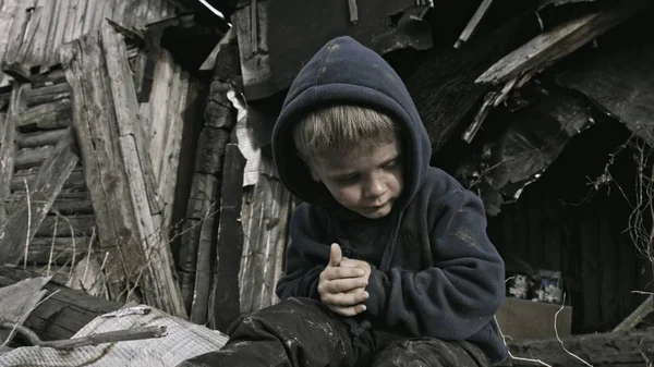 Portrait Homeless Orphan Boy Sitting Crying Abandoned Building — Stock Photo, Image