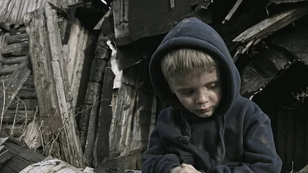 Portrait Homeless Orphan Boy Sitting Crying Abandoned Building — Stock Photo, Image