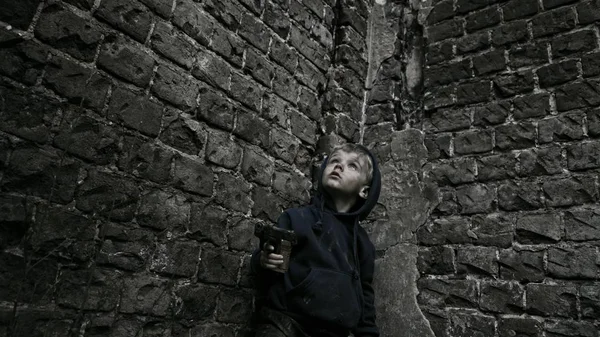 Homeless Orphan Kid Holding Gun Abandoned Building — Stock Photo, Image