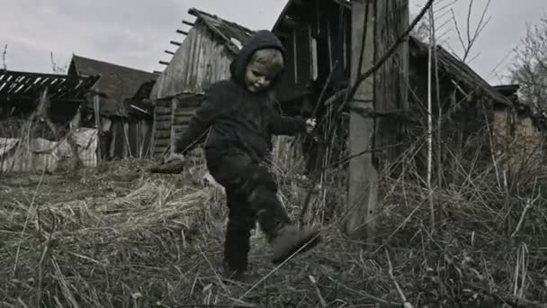 Homeless Dirty Boy Playing Gun Abandoned Village — Stock Video