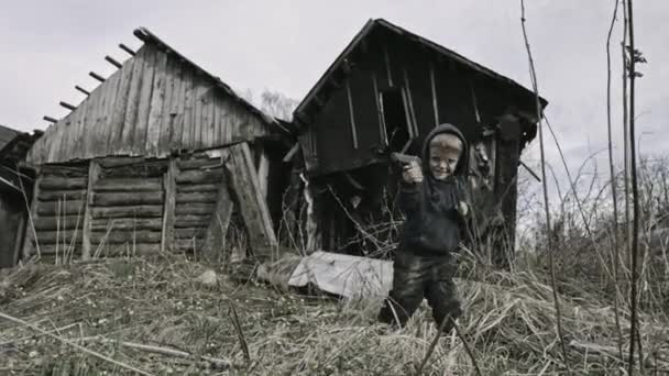 Homeless Dirty Boy Playing Gun Abandoned Village — Stock Video