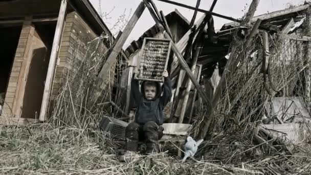 Homeless Orphan Boy Playing Garbage Abandoned Village — Stock Video