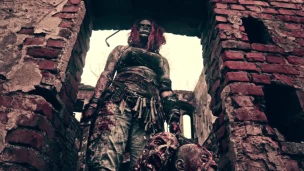 Zombie Headhunter Woman Machete Mask Posing Abandoned Building — Stock Video
