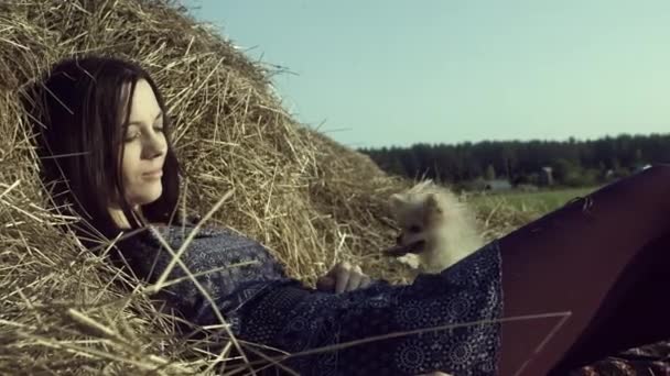 Jonge Aantrekkelijke Vrouw Liggend Veld Spelen Met Hond — Stockvideo